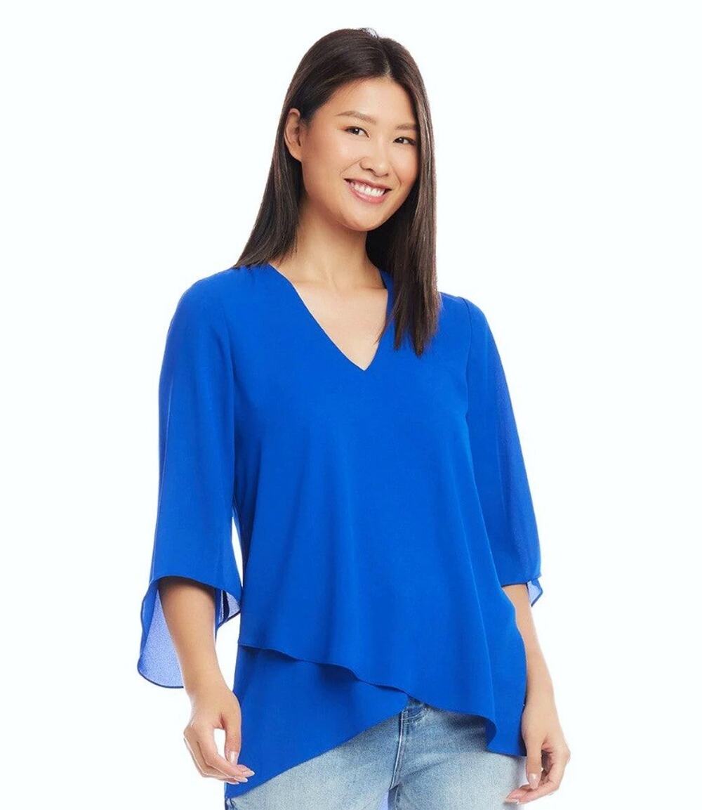 Karen Kane Women Blue Crepe Bracelet Sleeve Asymmetric Layered Blouse Size XS